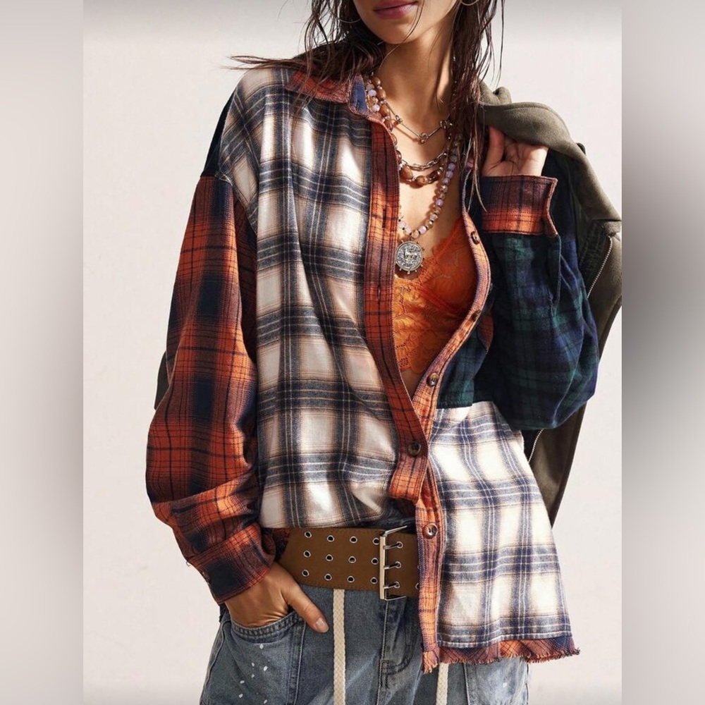 Plaid Patchwork Button-Up Shirt NWT - image 6